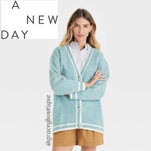 V-neck Button Front Varsity Style Cardigan Aqua